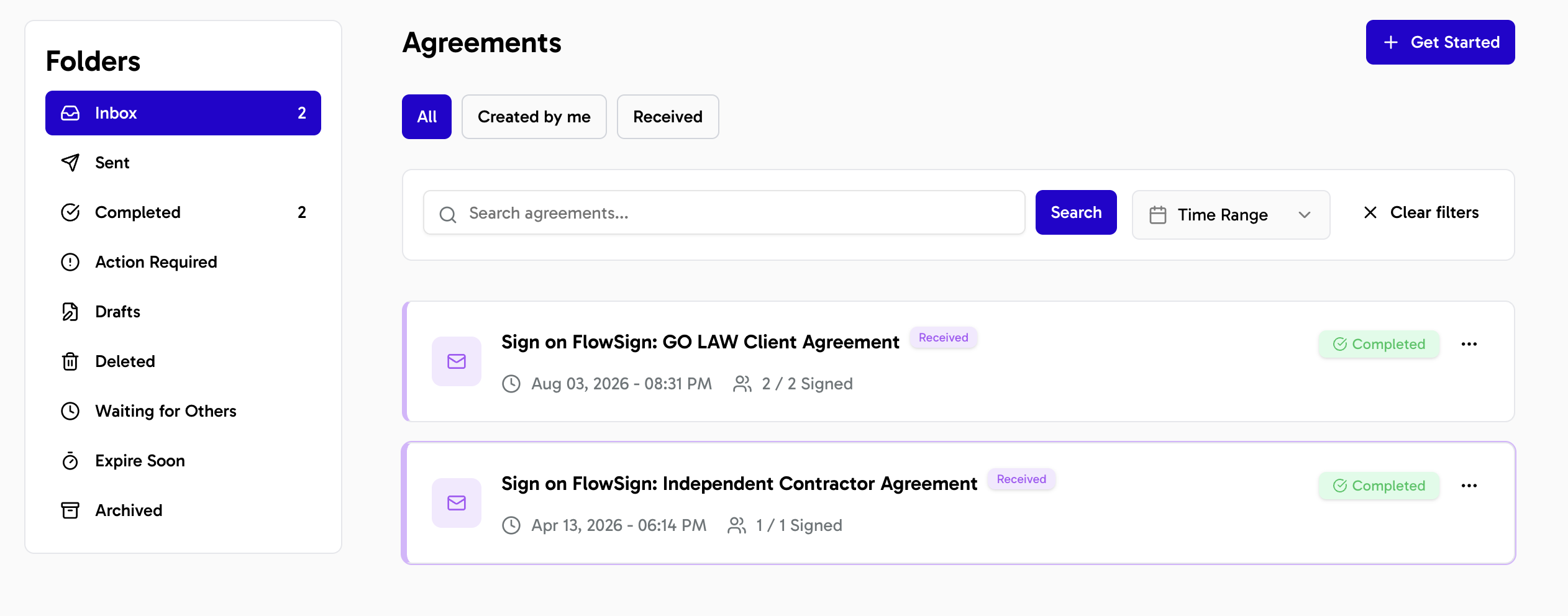 FlowSign agreements dashboard